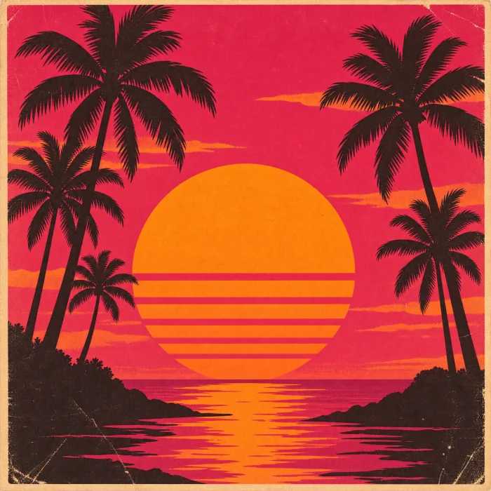AI design: retro sunset with palm trees